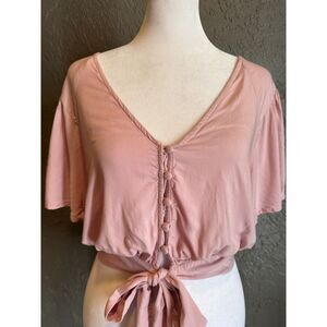 Shore Pink Viscose Button Detail Puff Sleeve Tie-Front Blouse XS
